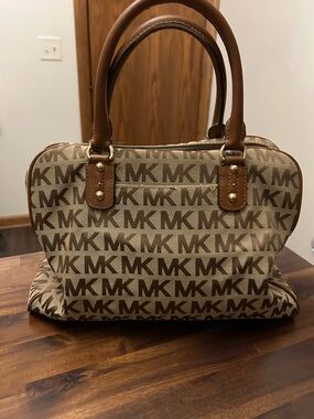 Michael Kors Beige and Brown MK Logo speedy handbag